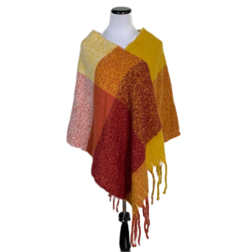 Tahari Womens Super Soft Fringed Autumn Colored Plaid Poncho O/S | NWT